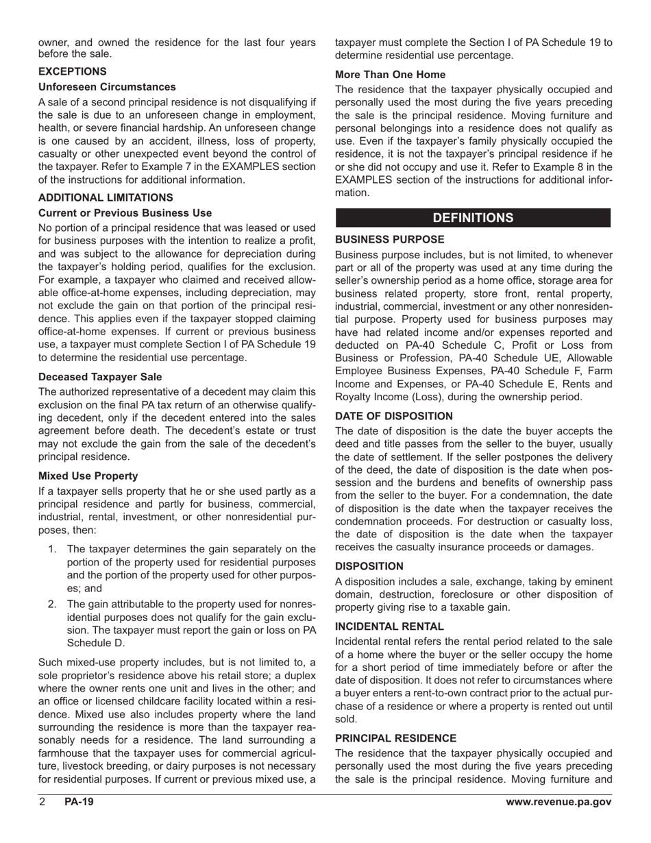 Form PA-19 Schedule 19 Taxable Sale of a Principal Residence - Pennsylvania, Page 4