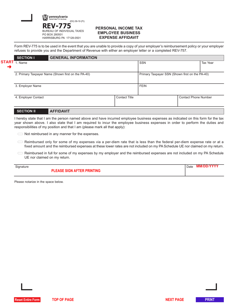 Form REV-775 Personal Income Tax Employee Business Expense Affidavit - Pennsylvania, Page 1
