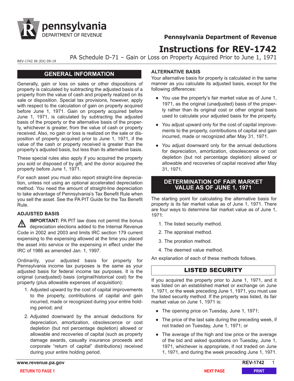 Form REV-1742 Schedule D-71 Sale or Exchange or Property Acquired Prior to June 1, 1971 - Pennsylvania, Page 3