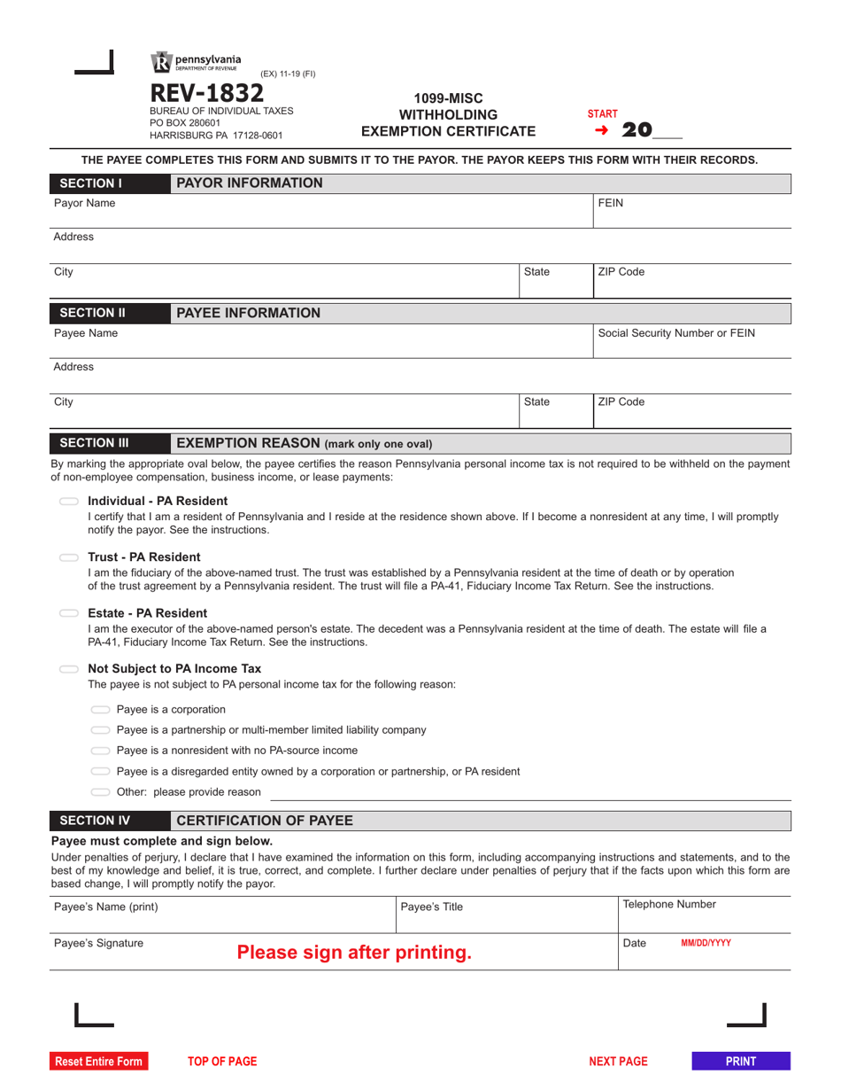 Form REV-1832 1099-misc Withholding Exemption Certificate - Pennsylvania, Page 1