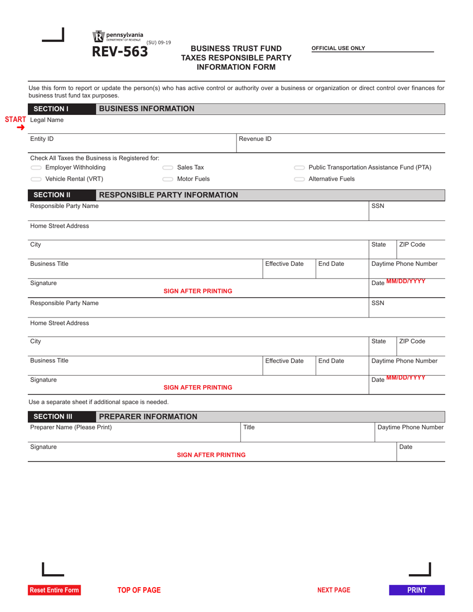 Form REV-563 Business Trust Fund Taxes Responsible Party Information Form - Pennsylvania, Page 1