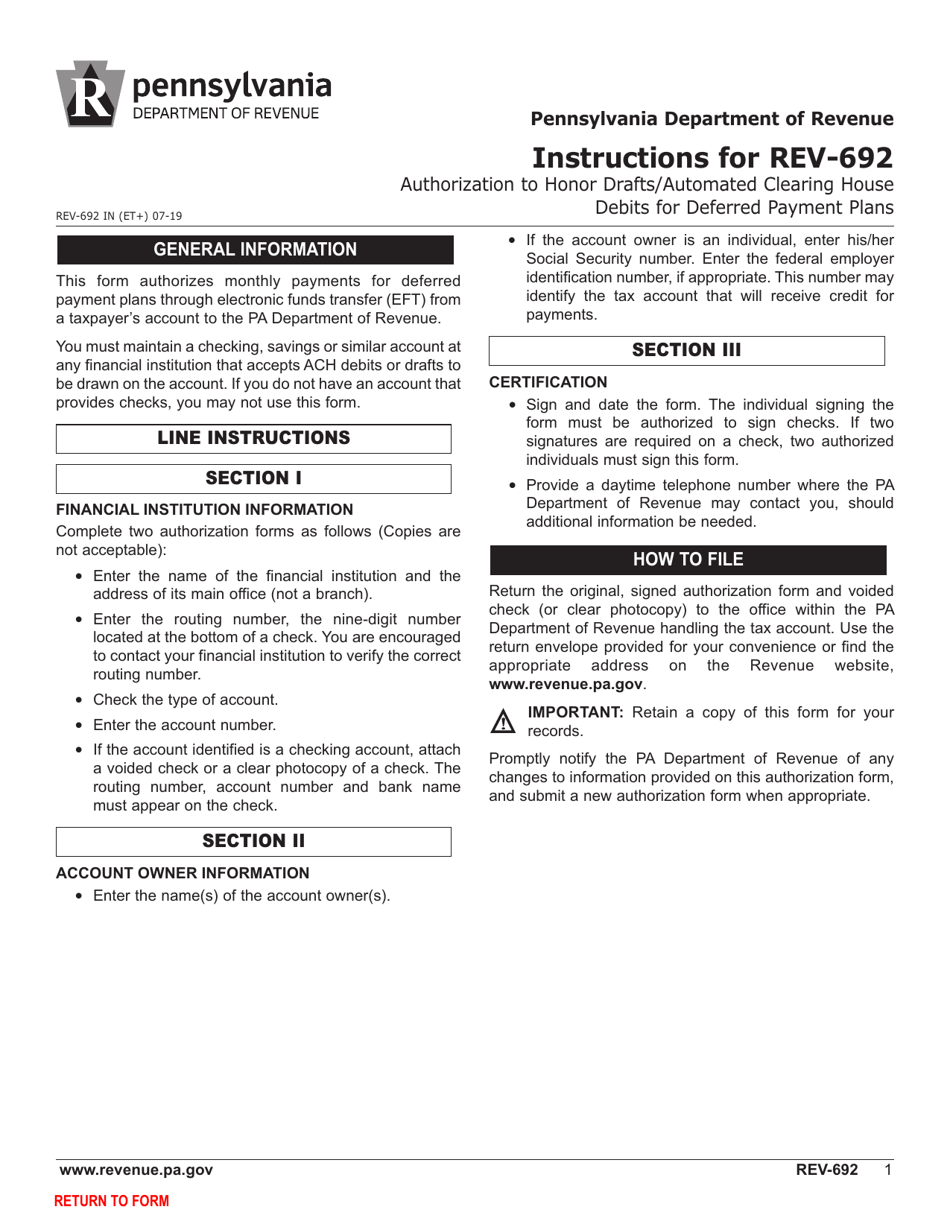 Form REV-692 Authorization to Honor Drafts / Automated Clearing House Debits for Deferred Payment Plans - Pennsylvania, Page 3