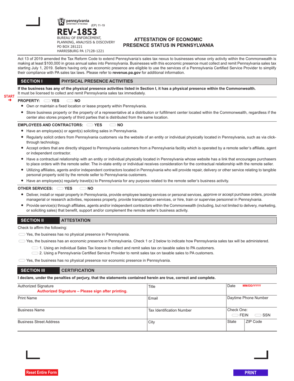 Form REV-1853 Attestation of Economic Presence Status in Pennsylvania - Pennsylvania, Page 1