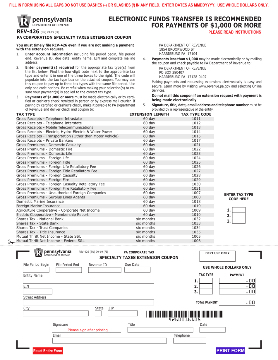 Form REV-426 Pa Corporation Specialty Taxes Extension Coupon - Pennsylvania, Page 1