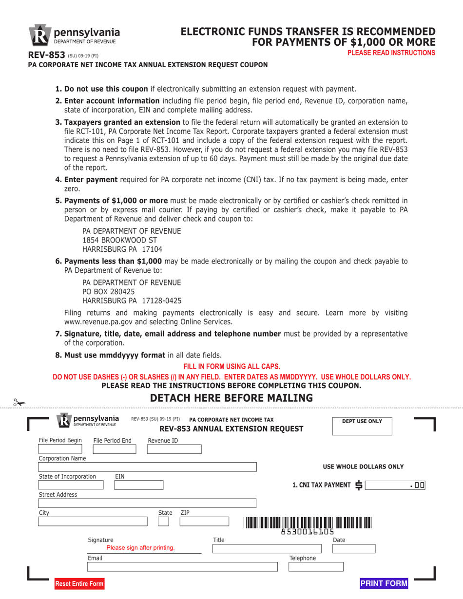 Form REV-853 Pa Corporate Net Income Tax Annual Extension Request Coupon - Pennsylvania, Page 1