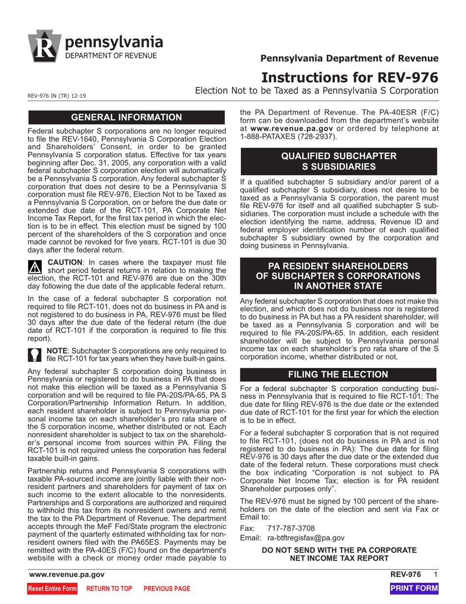 Form REV976 Download Fillable PDF or Fill Online Election Not to Be Taxed as a Pennsylvania S