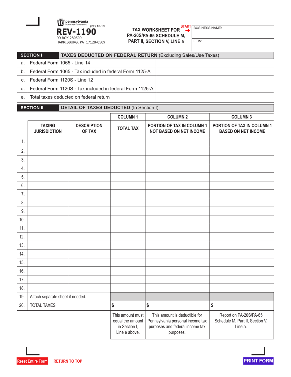 Form REV-1190 Tax Worksheet for Pa-20s / Pa-65 Schedule M, Part II, Section V, Line a - Pennsylvania, Page 1