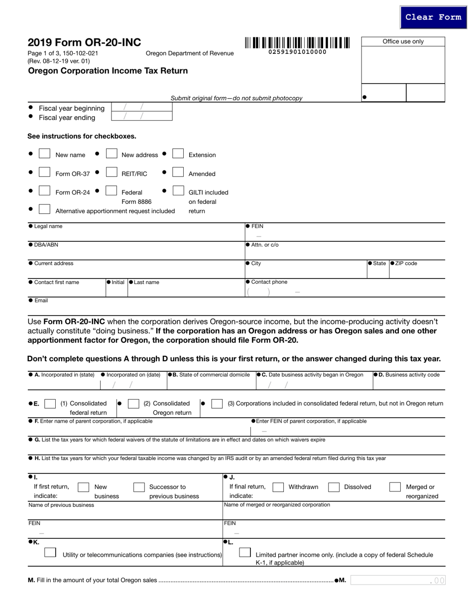 Form Or 20 Inc 150 102 021 Download Fillable Pdf Or Fill Online Oregon Corporation Income Tax 6599