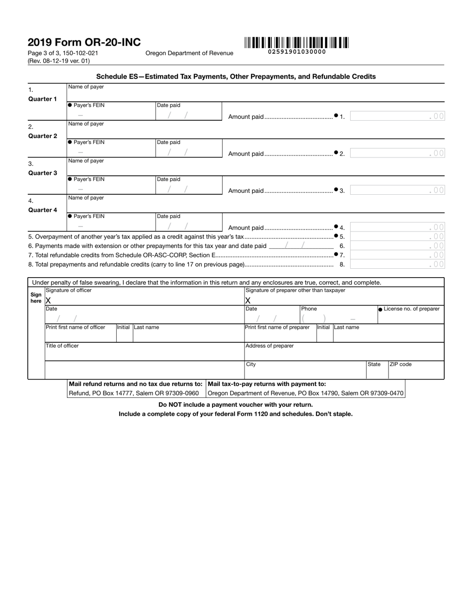 Form OR-20-INC (150-102-021) Oregon Corporation Income Tax Return - Oregon, Page 3