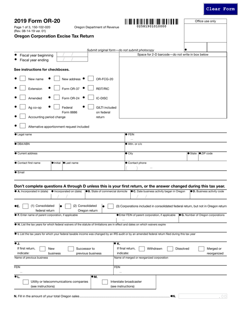 Form OR-20 (150-102-020) 2019 Printable Pdf