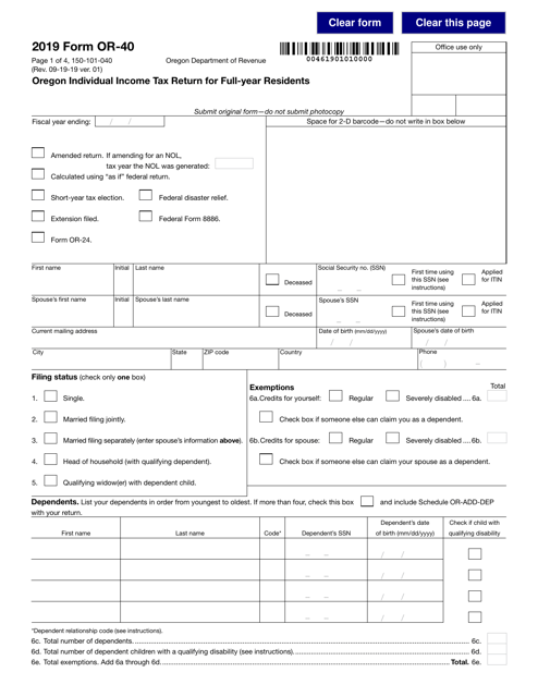 Form OR-40 (150-101-040) 2019 Printable Pdf