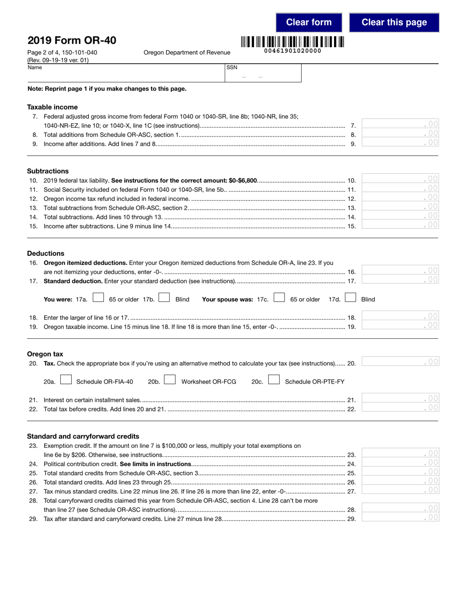 Form OR-40 (150-101-040) Oregon Individual Income Tax Return for Full-Year Residents - Oregon, Page 2