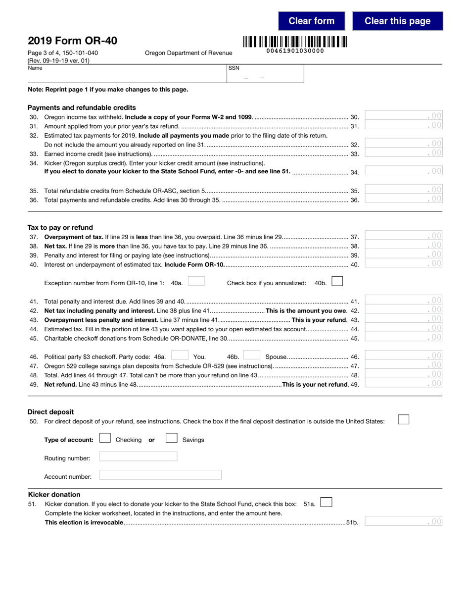 Form OR-40 (150-101-040) Oregon Individual Income Tax Return for Full-Year Residents - Oregon, Page 3