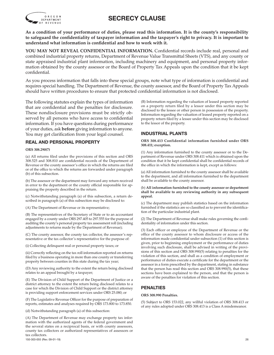 Form 150-303-055 Secrecy Clause - Oregon, Page 1