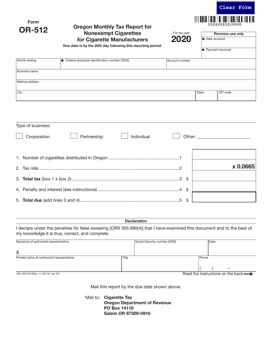 Form OR-512 (150-105-016) Oregon Monthly Tax Report for Nonexempt Cigarettes for Cigarette Manufacturers - Oregon, Page 1