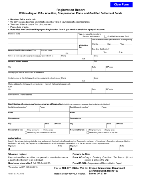 Form 150-211-054 Registration Report Withholding on IRAs, Annuities, Compensation Plans, and Qualified Settlement Funds - Oregon