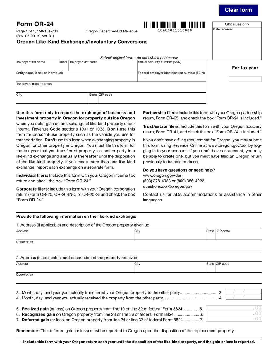 Form OR-24 (150-101-734) Oregon Like-Kind Exchanges / Involuntary Conversions - Oregon, Page 1