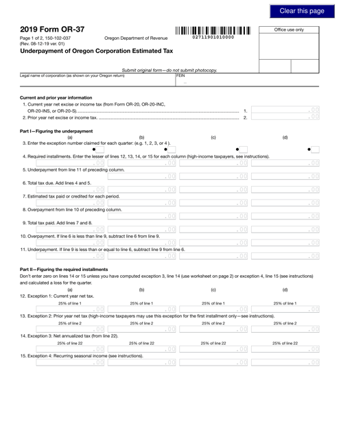 Form OR-37 (150-102-037) 2019 Printable Pdf