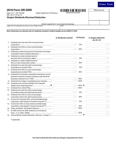 Form OR-DRD (150-102-038) 2019 Printable Pdf