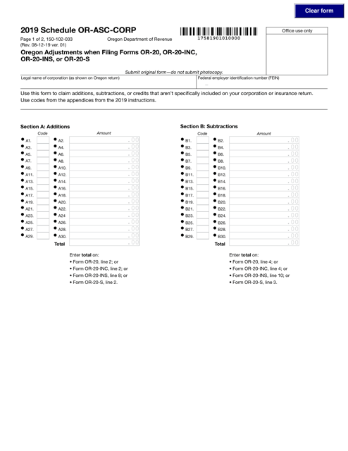 Form 150-102-033 Schedule OR-ASC-CORP 2019 Printable Pdf