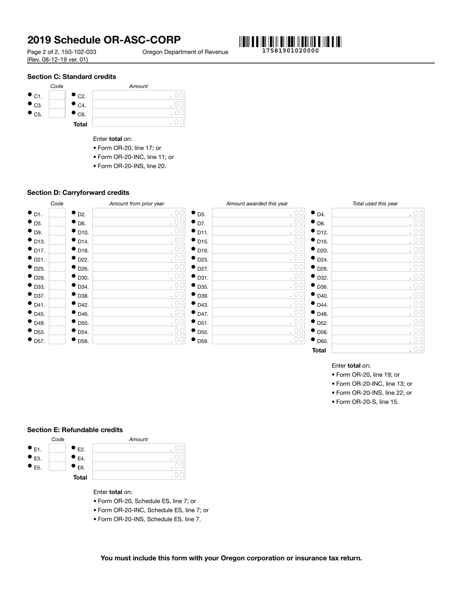 Form 150-102-033 Schedule OR-ASC-CORP Oregon Adjustments When Filing Forms or-20, or-20-inc, or-20-ins, or Or-20-s - Oregon, Page 2