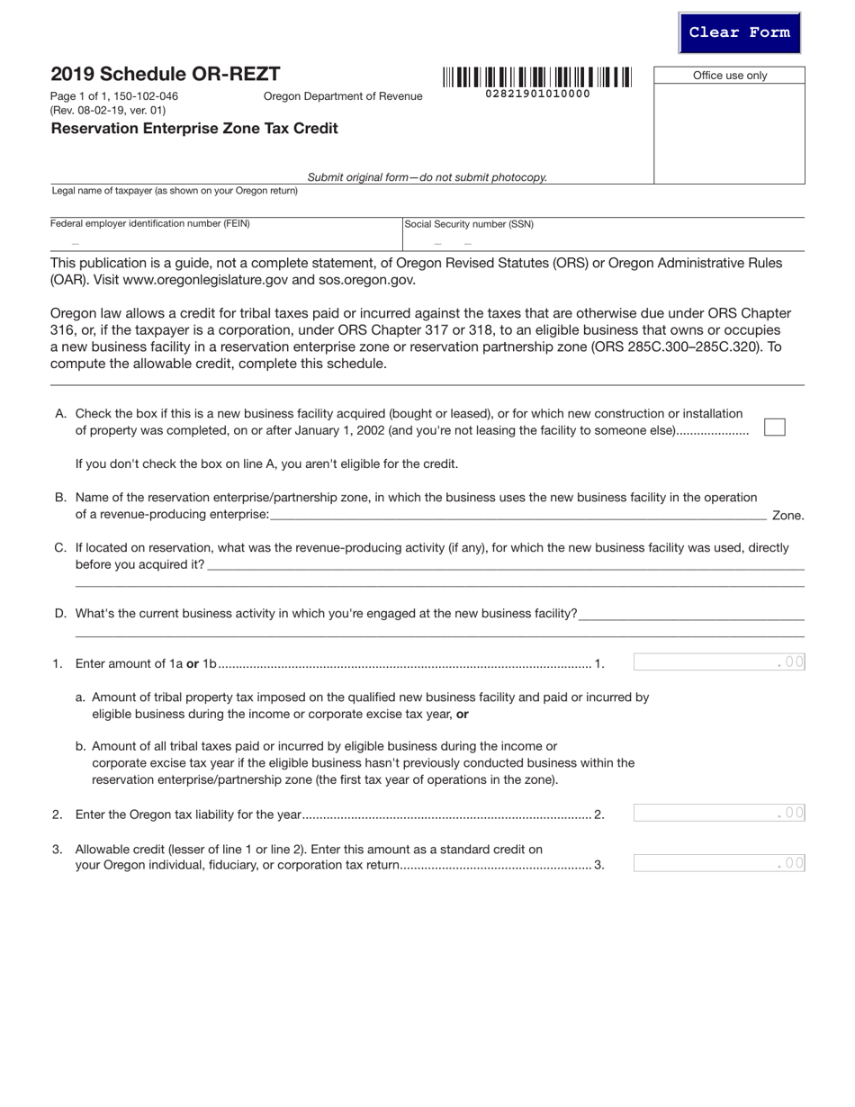 Form 150-102-046 Schedule OR-REZT Reservation Enterprise Zone Tax Credit - Oregon, Page 1