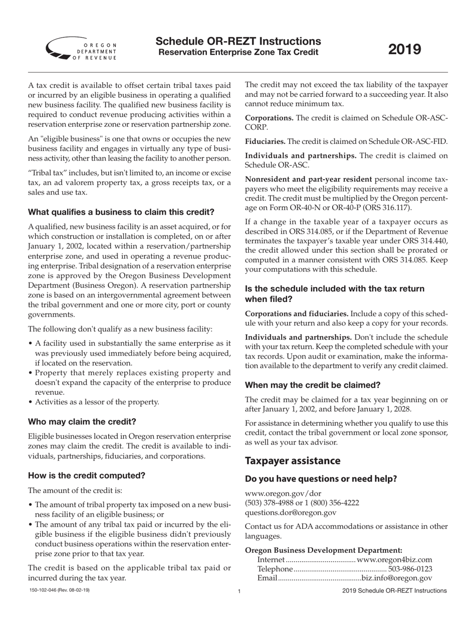 Form 150-102-046 Schedule OR-REZT Reservation Enterprise Zone Tax Credit - Oregon, Page 2