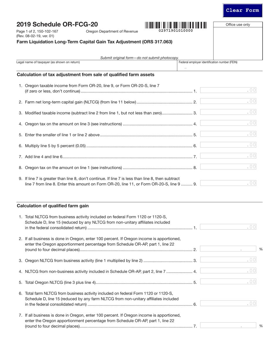 Form 150-102-167 Schedule OR-FCG-20 Farm Liquidation Long-Term Capital Gain Tax Adjustment (Ors 317.063) - Oregon, Page 1