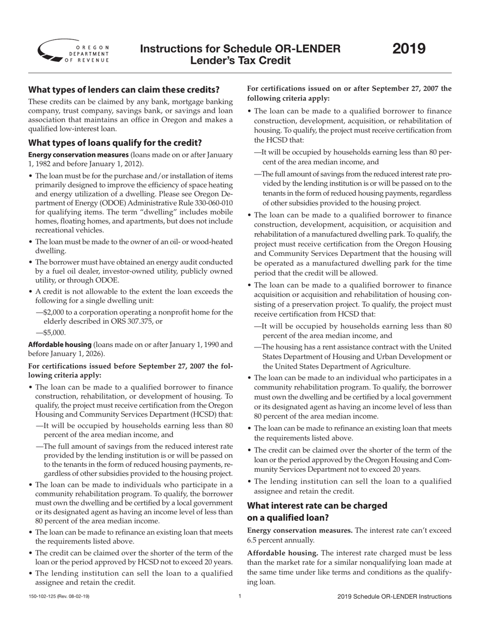 Form 150-102-125 Schedule OR-LENDER Lenders Tax Credit - Oregon, Page 2