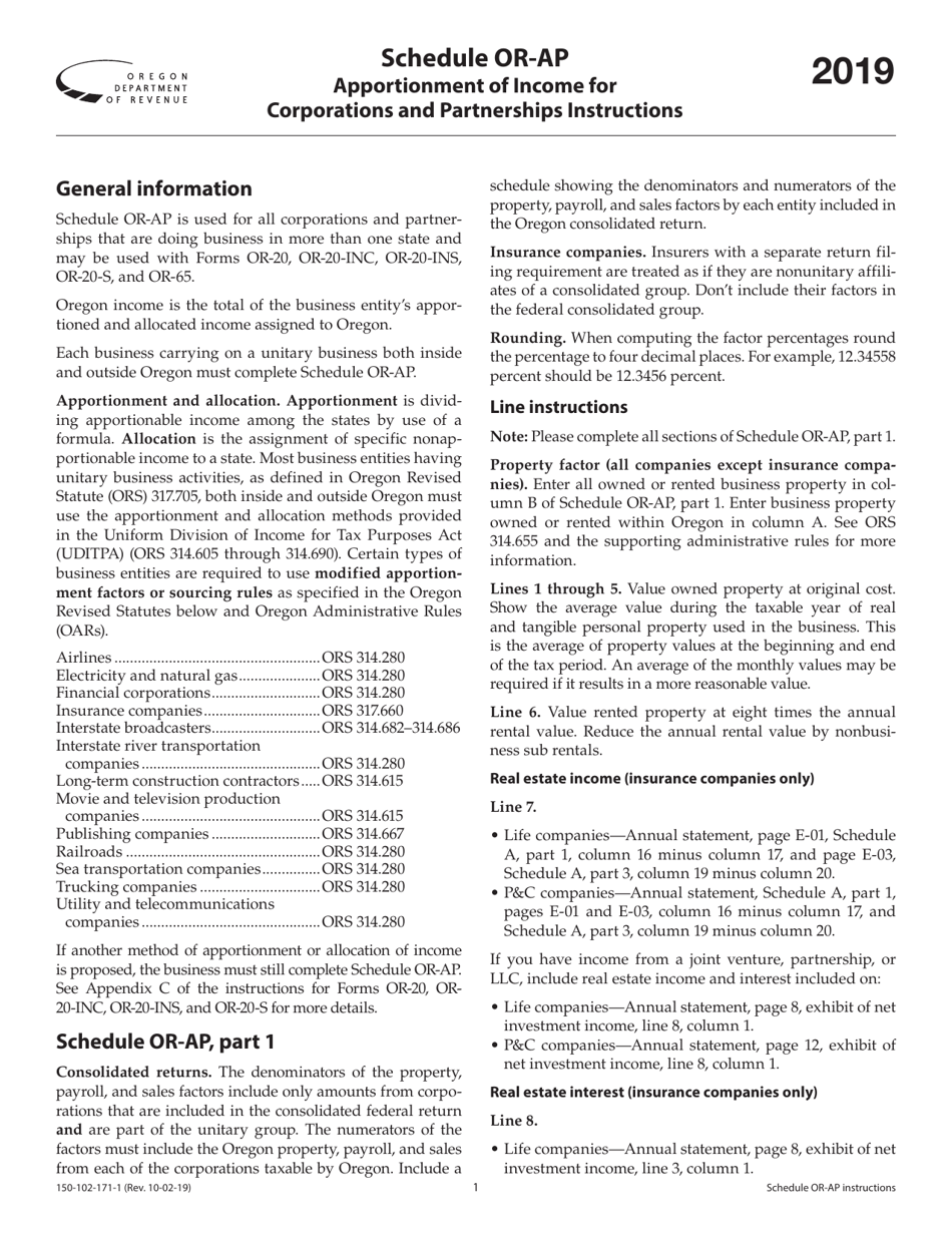 Instructions for Form 150-102-171 Schedule OR-AP Apportionment of Income for Corporations and Partnerships - Oregon, Page 1