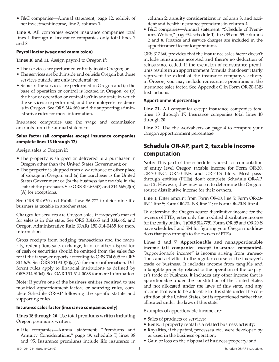 Instructions for Form 150-102-171 Schedule OR-AP Apportionment of Income for Corporations and Partnerships - Oregon, Page 2