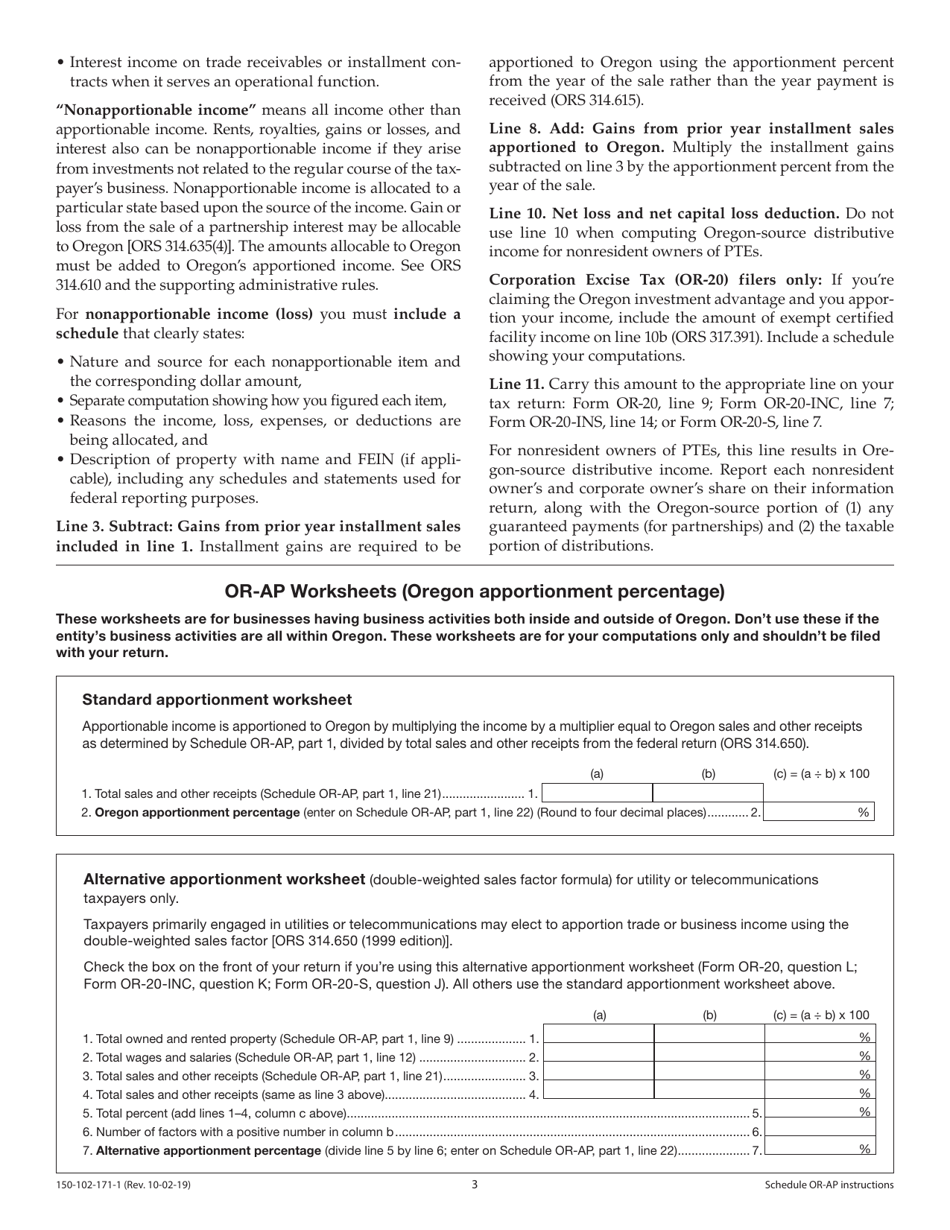 Instructions for Form 150-102-171 Schedule OR-AP Apportionment of Income for Corporations and Partnerships - Oregon, Page 3