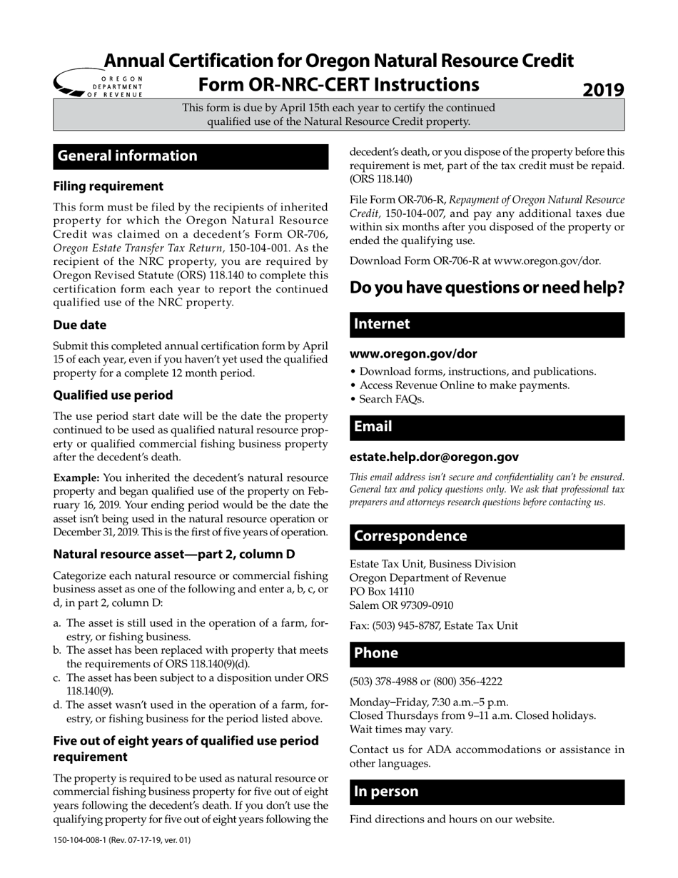 Instructions for Form OR-NRC-CERT, 150-104-008 Annual Certification for Oregon Natural Resource Credit - Oregon, Page 1