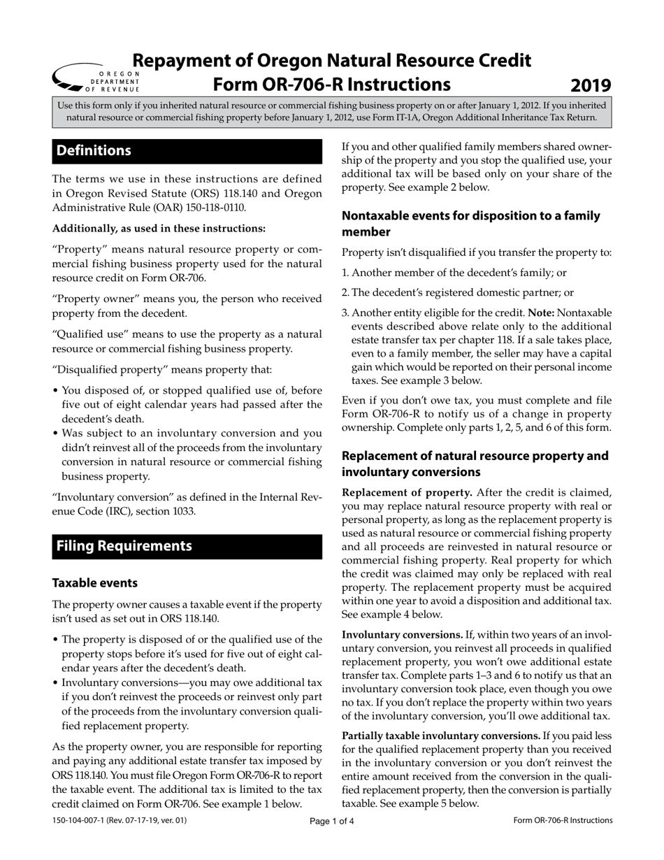 Instructions for Form OR-706-R, 150-104-007 Repayment of Oregon Natural Resource Credit - Oregon, Page 1