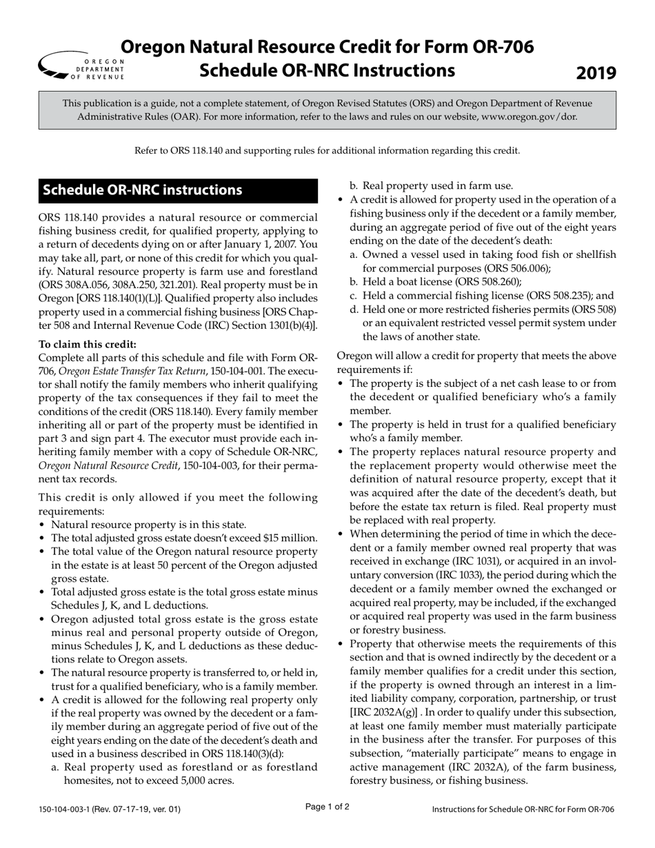 Instructions for Form 150-104-003 Schedule OR-NRC Oregon Natural Resource Credit - Oregon, Page 1