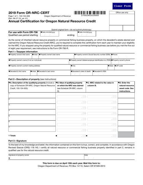 Form OR-NRC-CERT (150-104-008) 2019 Printable Pdf