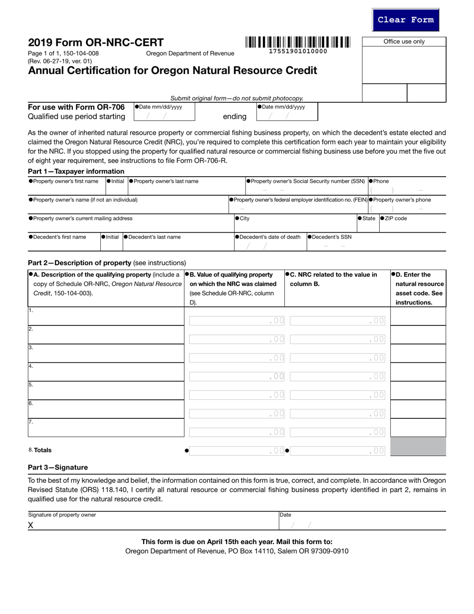 Form OR-NRC-CERT (150-104-008) Annual Certification for Oregon Natural Resource Credit - Oregon, Page 1