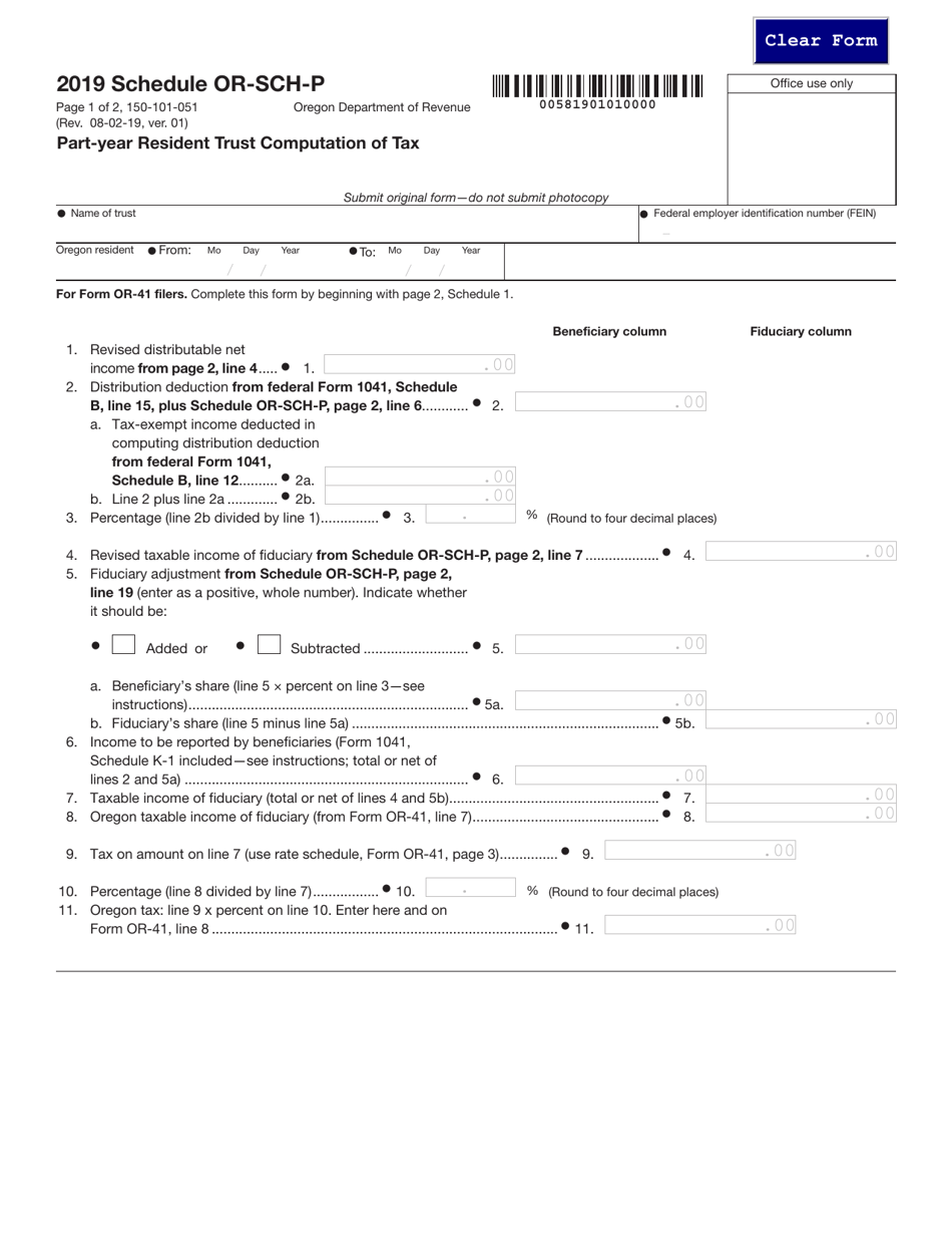 Form 150-101-051 Schedule OR-SCH-P Part-Year Resident Trust Computation of Tax - Oregon, Page 1