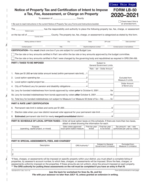 Form LB-50 (150-504-073-7) Notice of Property Tax and Certification of Intent to Impose a Tax, Fee, Assessment, or Charge on Property - Oregon, 2021