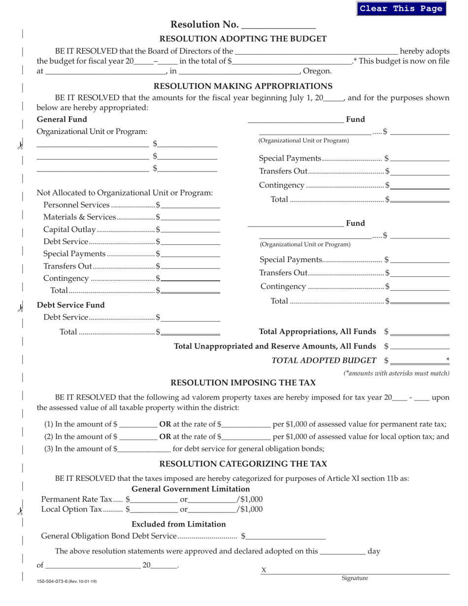 Form 150-504-073-6 Resolution Adopting the Budget - Oregon, Page 1
