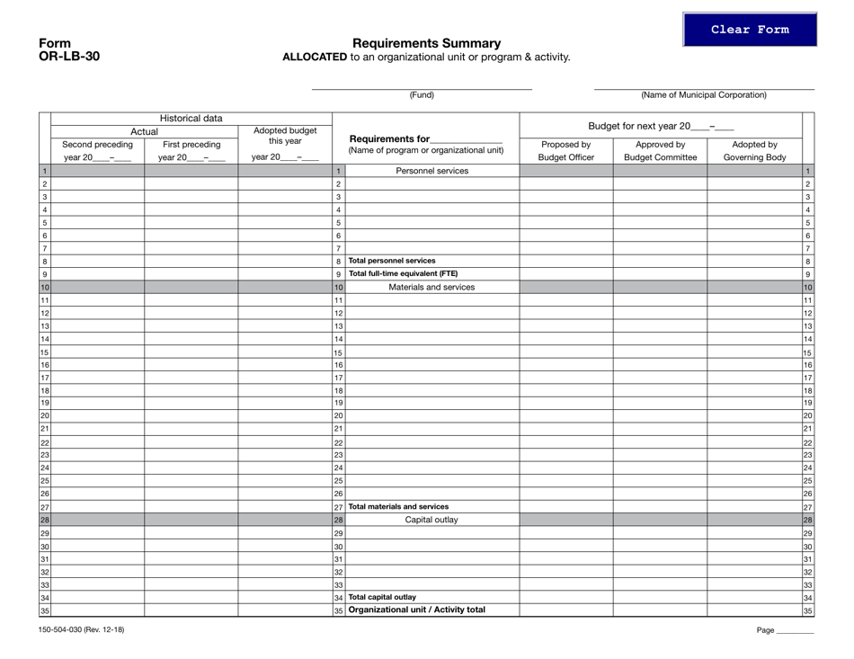 Form OR-LB-30 (150-504-030) Requirements Summary - Oregon, Page 1