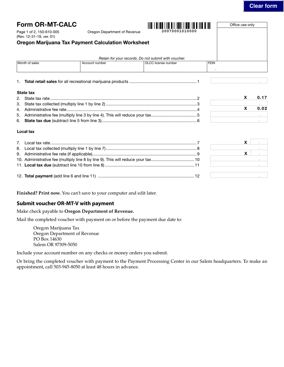 Form OR-MT-CALC (150-610-005) Oregon Marijuana Tax Payment Calculation Worksheet - Oregon, Page 1