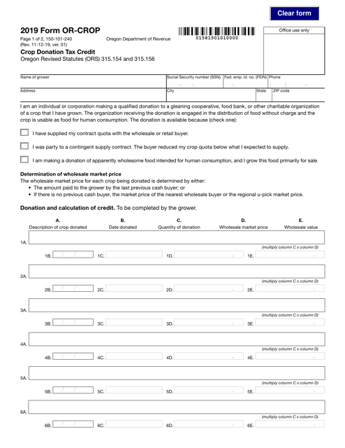 Form OR-CROP (150-101-240) 2019 Printable Pdf