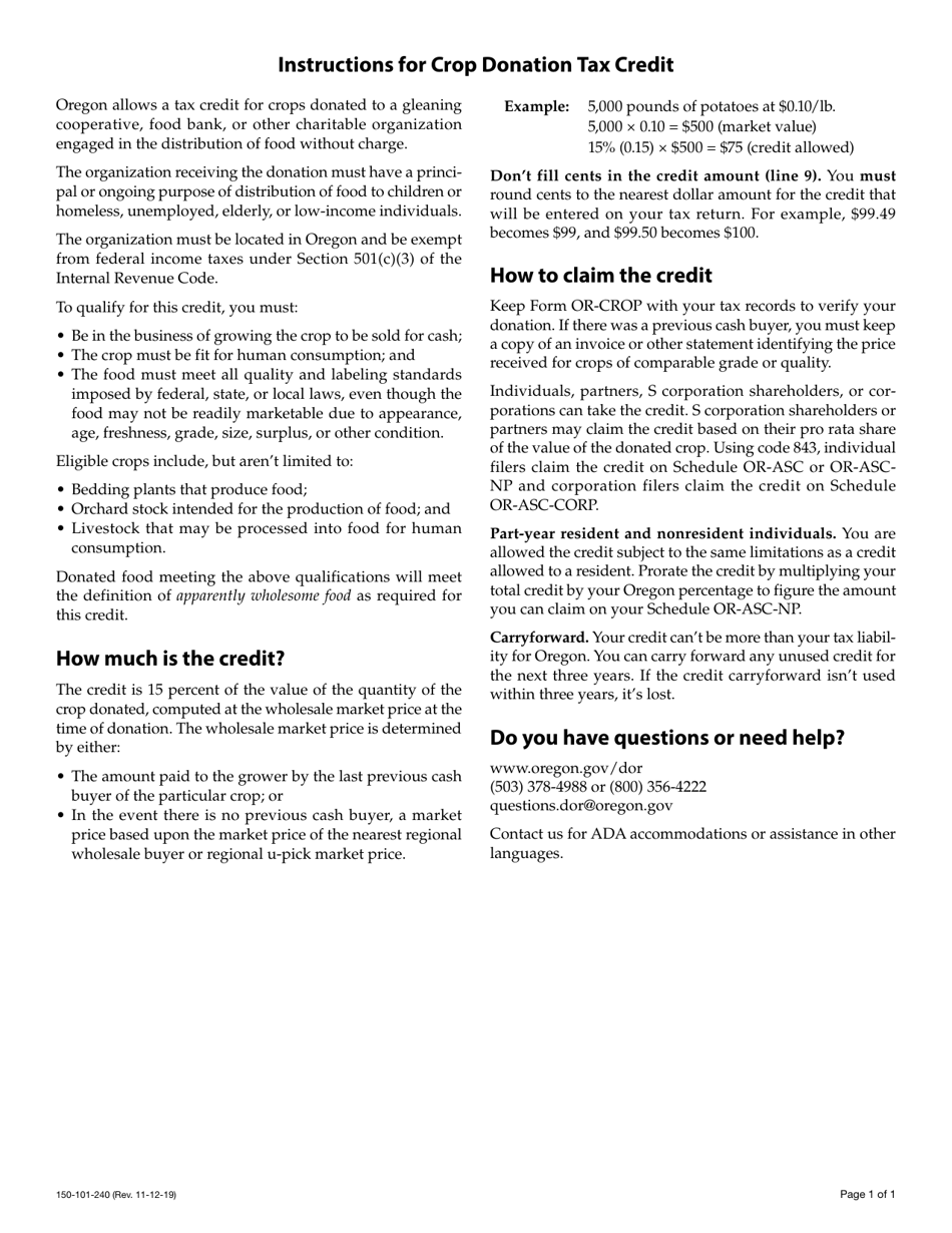 Form OR-CROP (150-101-240) Crop Donation Tax Credit - Oregon, Page 3