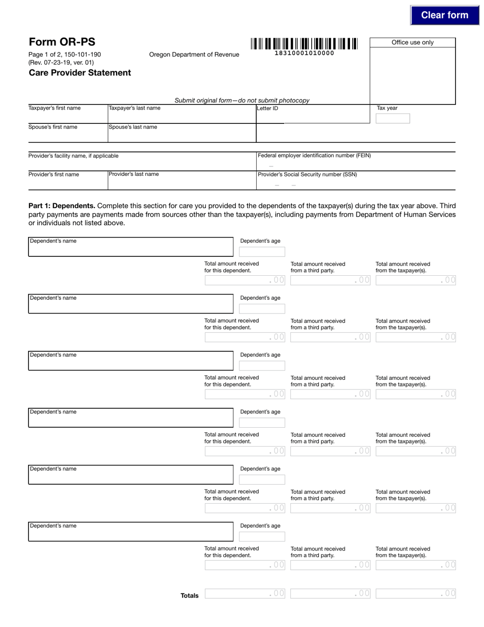 Form OR-PS (150-101-190) Care Provider Statement - Oregon, Page 1