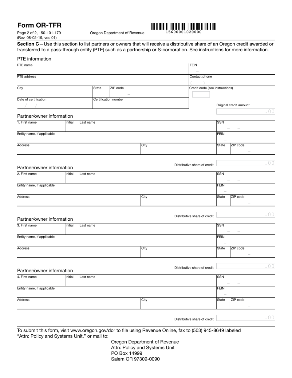 Form OR-TFR (150-101-179) Transfer Notice for Certain Credits - Oregon, Page 2