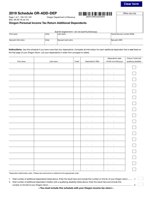 Form 150-101-187 Schedule OR-ADD-DEP 2019 Printable Pdf