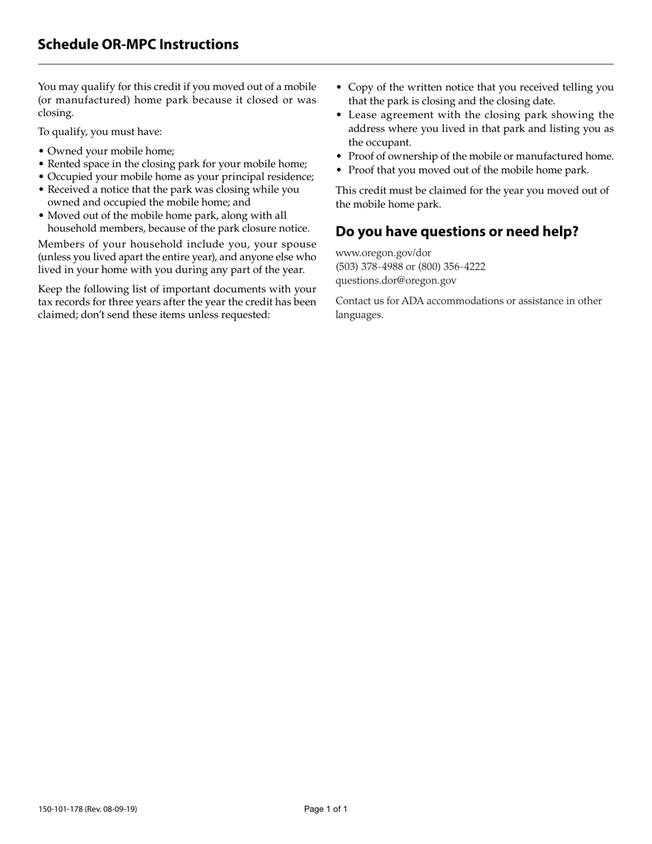 Form 150-101-178 Schedule OR-MPC Mobile Home Park Closure - Oregon, Page 2