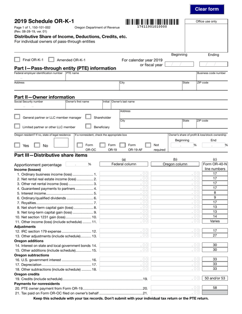 Form 150-101-002 Schedule OR-K-1 2019 Printable Pdf