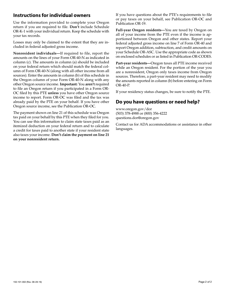 Form 150-101-002 Schedule OR-K-1 Distributive Share of Income, Deductions, Credits, Etc. for Individual Owners of Pass-Through Entities - Oregon, Page 3
